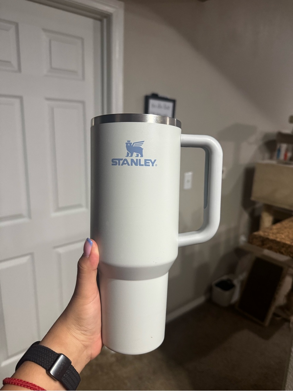Stanley White Insulated Travel Mug with Handle and Blue Logo | 40 OZ